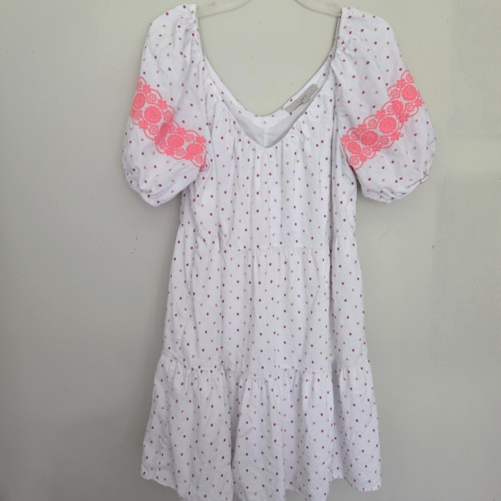 LOFT White Dress Embroidered Pink and Orange Polka Dots Medium
